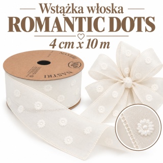 Wstążka włoska NASTRI ROMANTIC DOTS – 4 cm × 10 m, szyfon, biały, wzór: kropki
