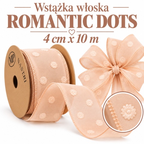 Wstążka włoska NASTRI ROMANTIC DOTS – 4 cm × 10 m, szyfon, brzoskwiniowy, wzór: kropki
