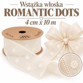Wstążka włoska NASTRI ROMANTIC DOTS – 4 cm × 10 m, szyfon, kremowy, wzór: kropki